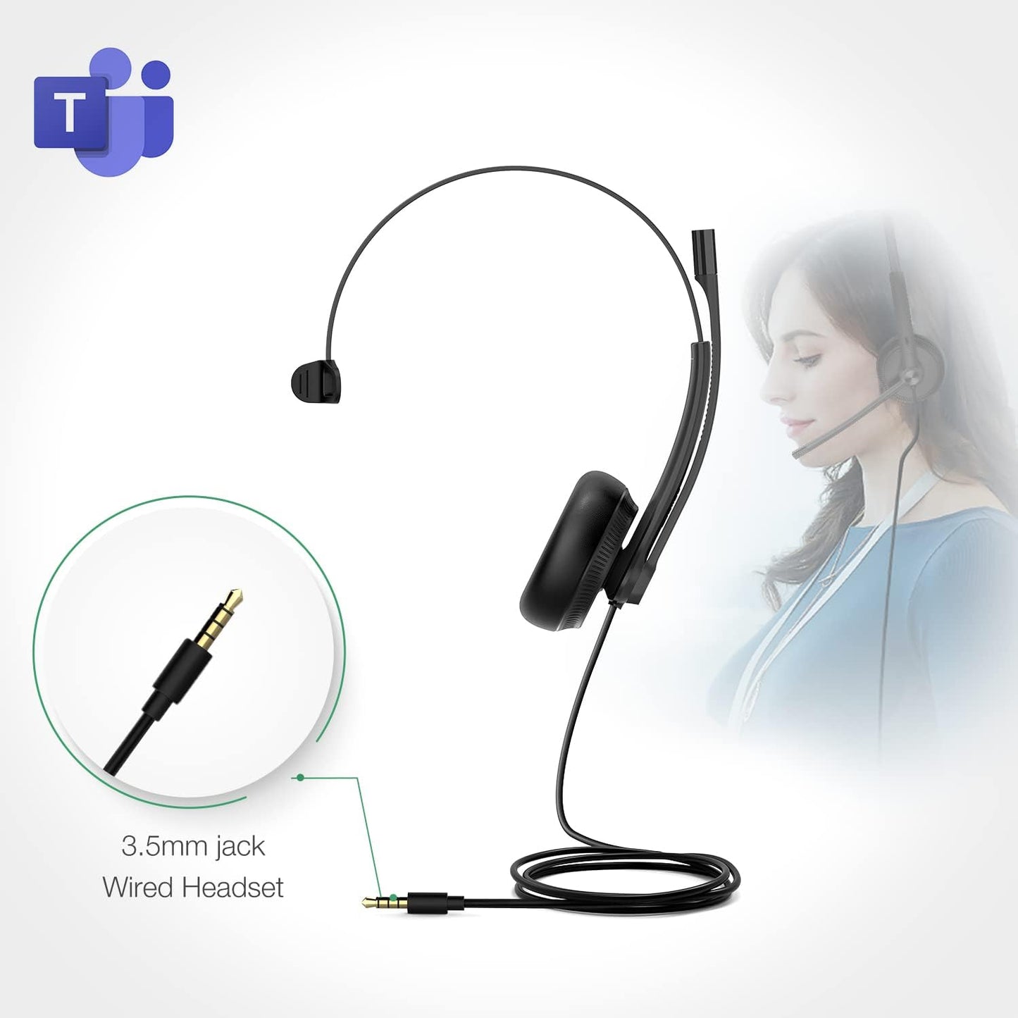 Yealink UH34 Wired Headset with Mic, 3.5mm Mono Headphones Noise Canceling Microphones,Teams Certified Work Office Headset for Computer PC Mac Laptop Tablet Smartphone