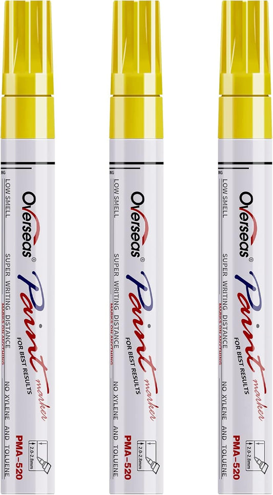 Overseas Permanent Paint Markers Pens - 3 Pack Yellow Oil Based Paint Pens, Medium Tip, Quick Drying and Waterproof Marker Pen for Metal, Rock, Wood, Fabric, Plastic, Canvas, Mugs, Stone, Glass