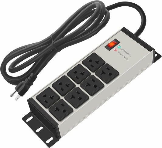 CCCEI Heavy Duty Power Strip Surge Protector 20 AMP, 8 Outlets 12 Gauge Industrial Shop Garage Metal Multiple Outlets, 15 FT Extension Cord 5-15P Adapter High Amp 6-20R T-Slot 20a for Appliance