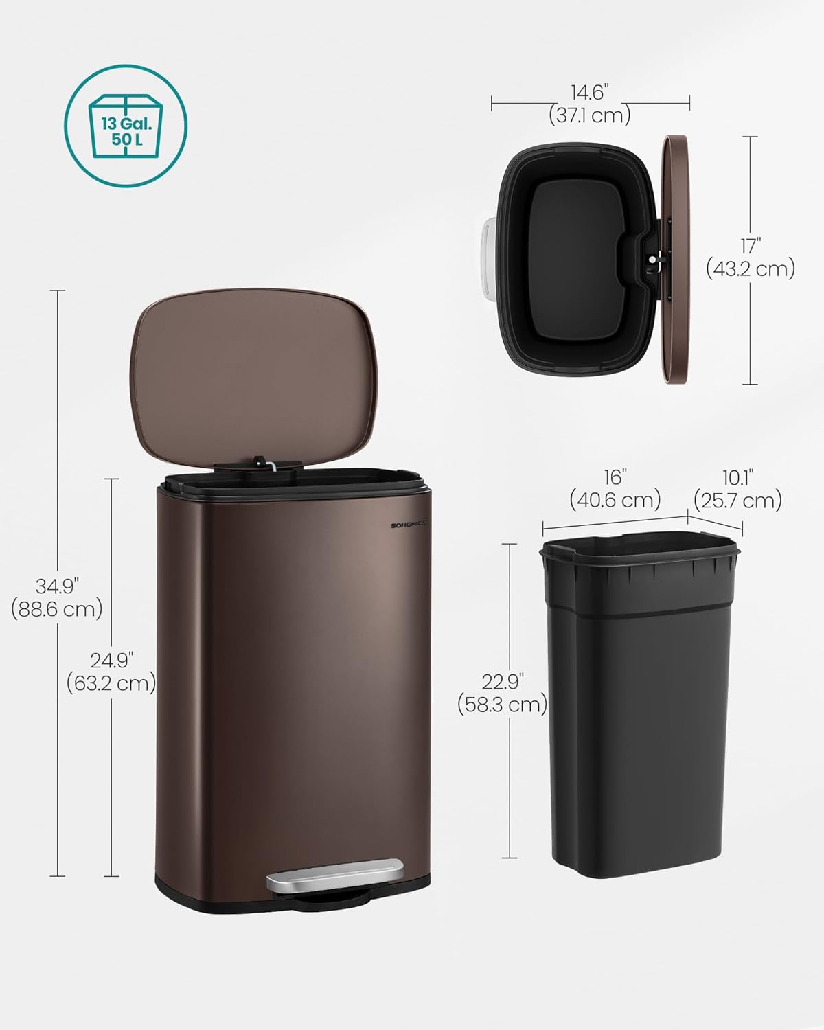 SONGMICS 13 Gallon (50 L) Trash Can, Stainless Steel Kitchen Garbage Can, Recycling or Waste Bin, Soft Close, Step-On Pedal, Removable Inner Bucket, Brown ULTB50BR