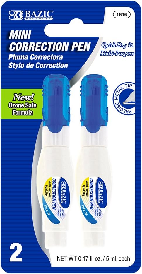 BAZIC Correction Pen (0.17oz/5 ml), Precise Metal Tip Applicator, Mini Fine Point Corrections Fluid, Squeeze White Out Wipe Out Liquid (2/Pack), 1-Pack