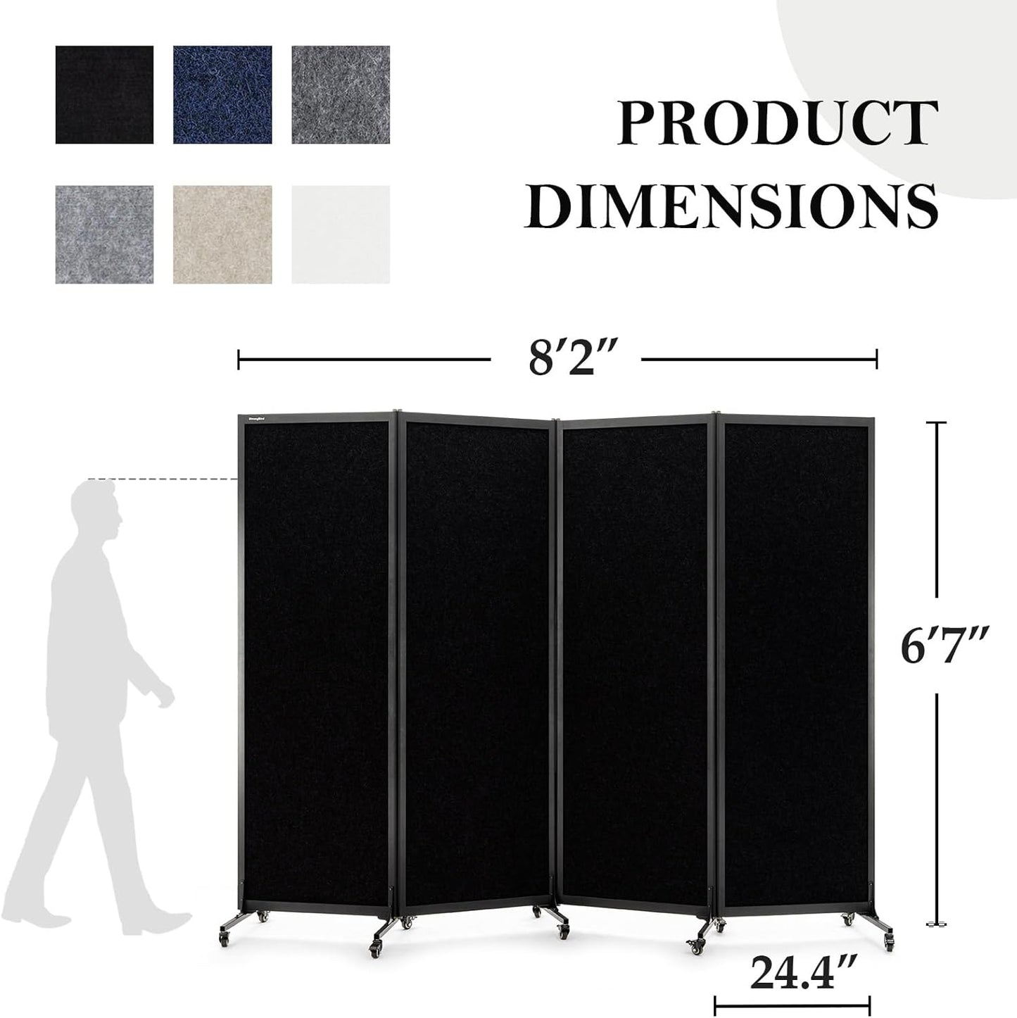 Upgrade Version Room Partition and Divider, Freestanding Rolling Dividers with Wheels,Office Privacy Screen Divider Wall,Classroom Felt Dividers,8'2"L* 6'7"H,4 Panel，Black