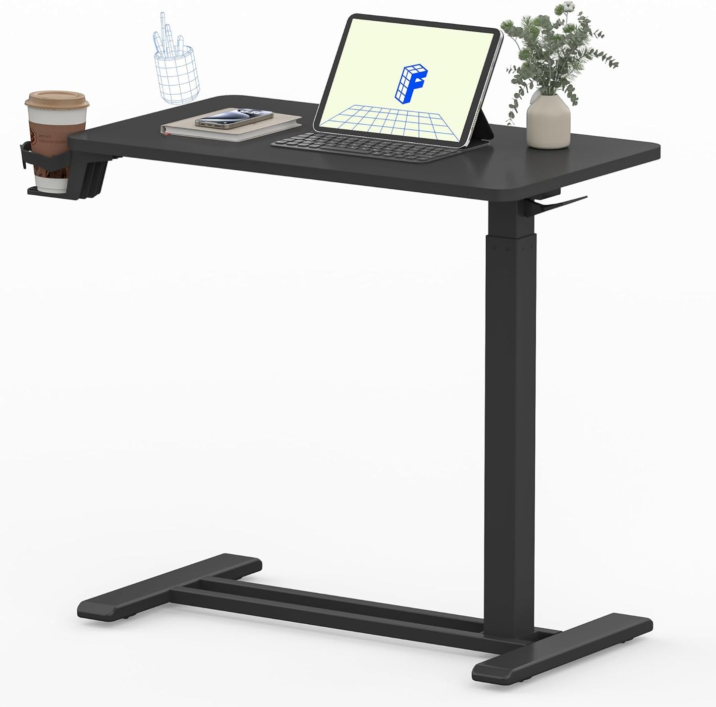 FLEXISPOT Mobile Standing Desk with Wheels Pneumatic Laptop Desk Rolling Computer Cart Movable Height Adjustable Small Sit Stand Desk Computer Workstations Home Use（27.6" W x 15.7" D, Black