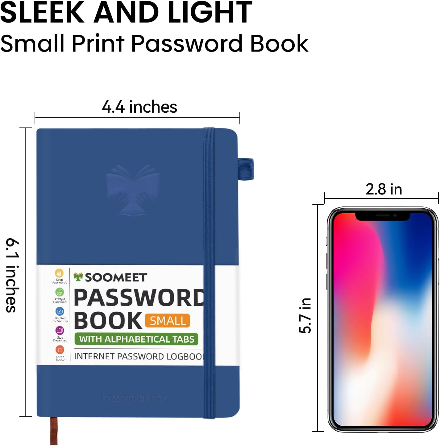 Password Book with Alphabetical Tabs, Hardcover Password Keeper, Size 4.4''x 6.1'' Password Notebook for Saving Internet Login, Username, Password Organizer for Computer & Website Logins, Blue