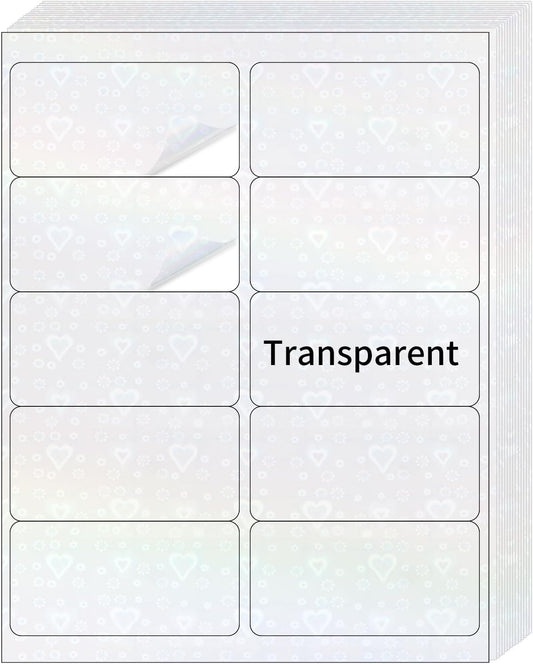 STARLIBOO Transparent Stickers Labels - 2" x 4" Clear Address Labels Mailing Stickers for Laser/Inkjet Printer 8.5"×11"- 20 Sheet (Clear Holographic Heart)