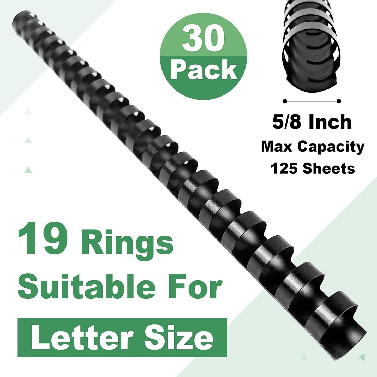 HOUYEE 5/8 Inch Plastic Binding Comb 19 Ring, 125 Sheet Capacity, Letter Size Black Comb Binding Spines (30 Pack)