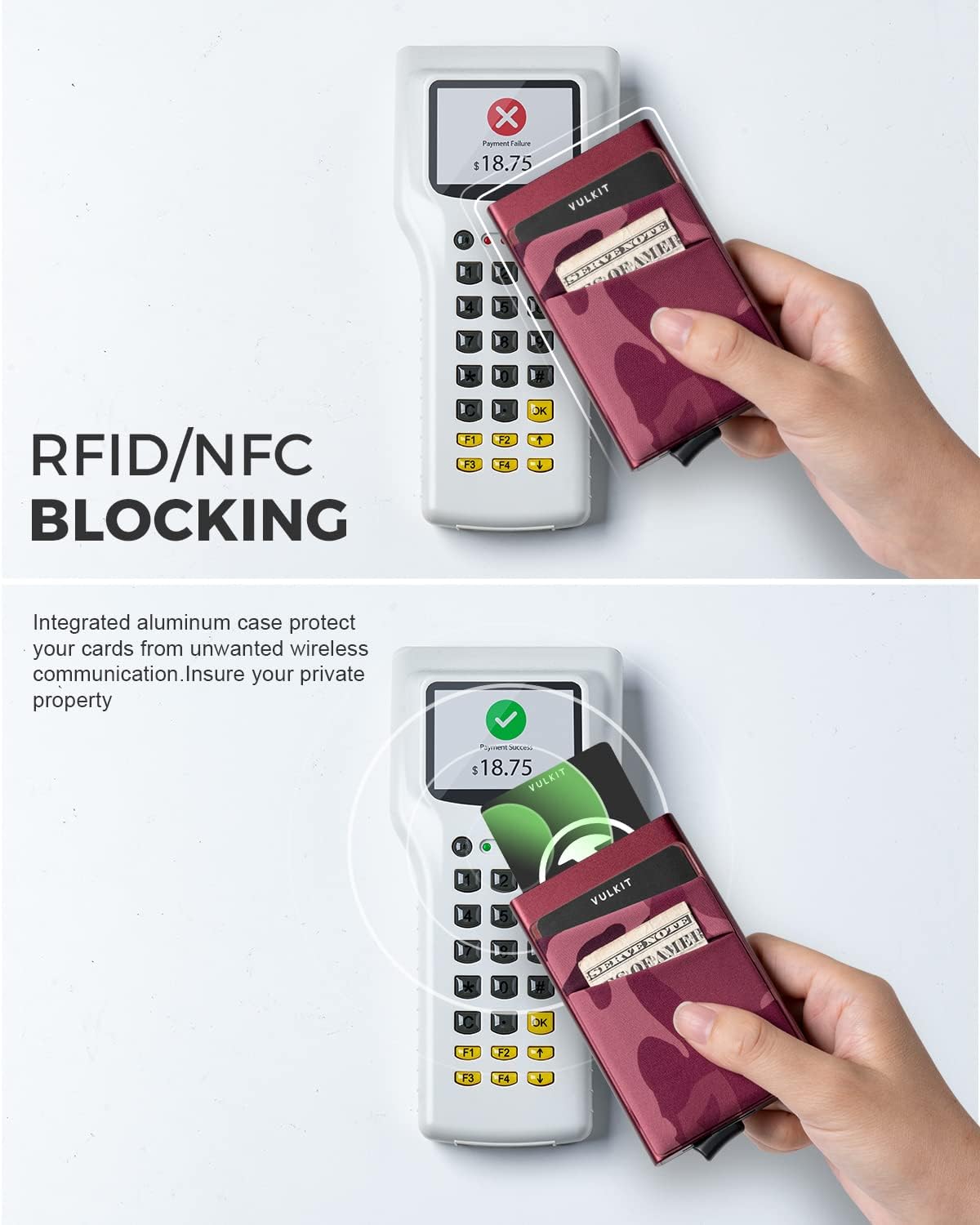 VULKIT Card Holder with Money Pocket Pop Up Wallet RFID Blocking Slim Metal Bank Card Case Holds 5 Cards and Notes