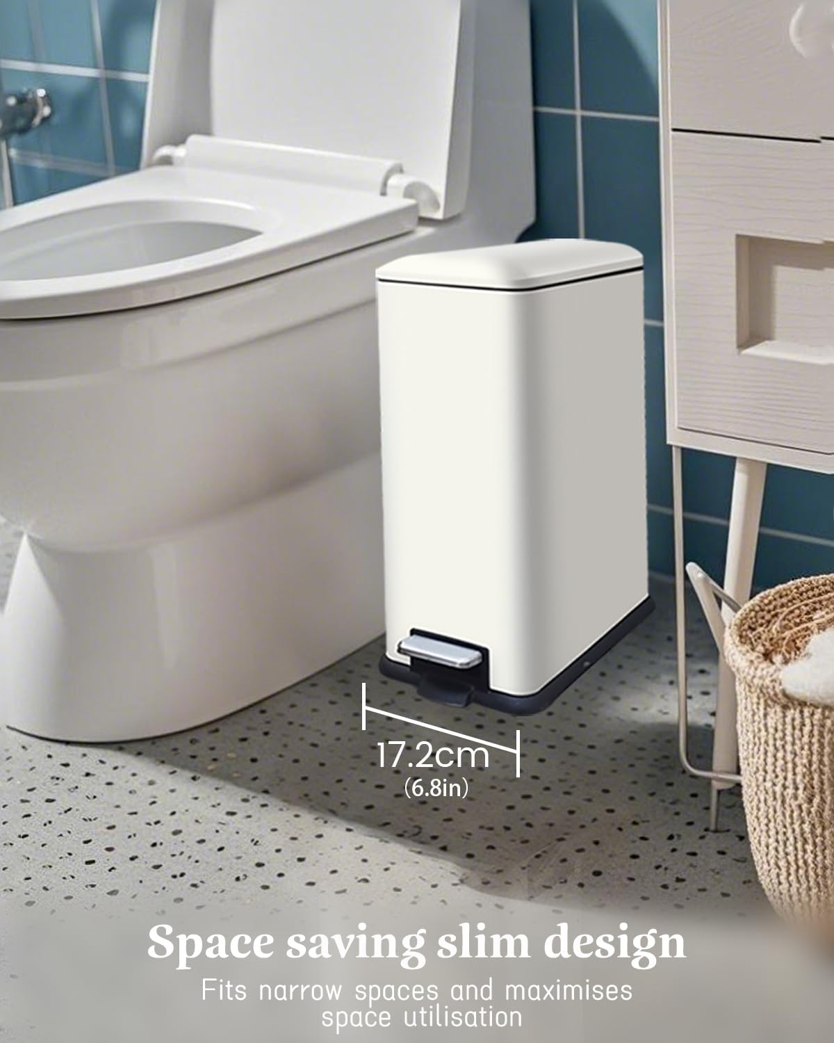 Trash Can with Lid, 10 L Bathroom Waste Bin, Small Pedal Bin, Stainless Steel Garbage Can for Bathroom, Bedroom and Office, White