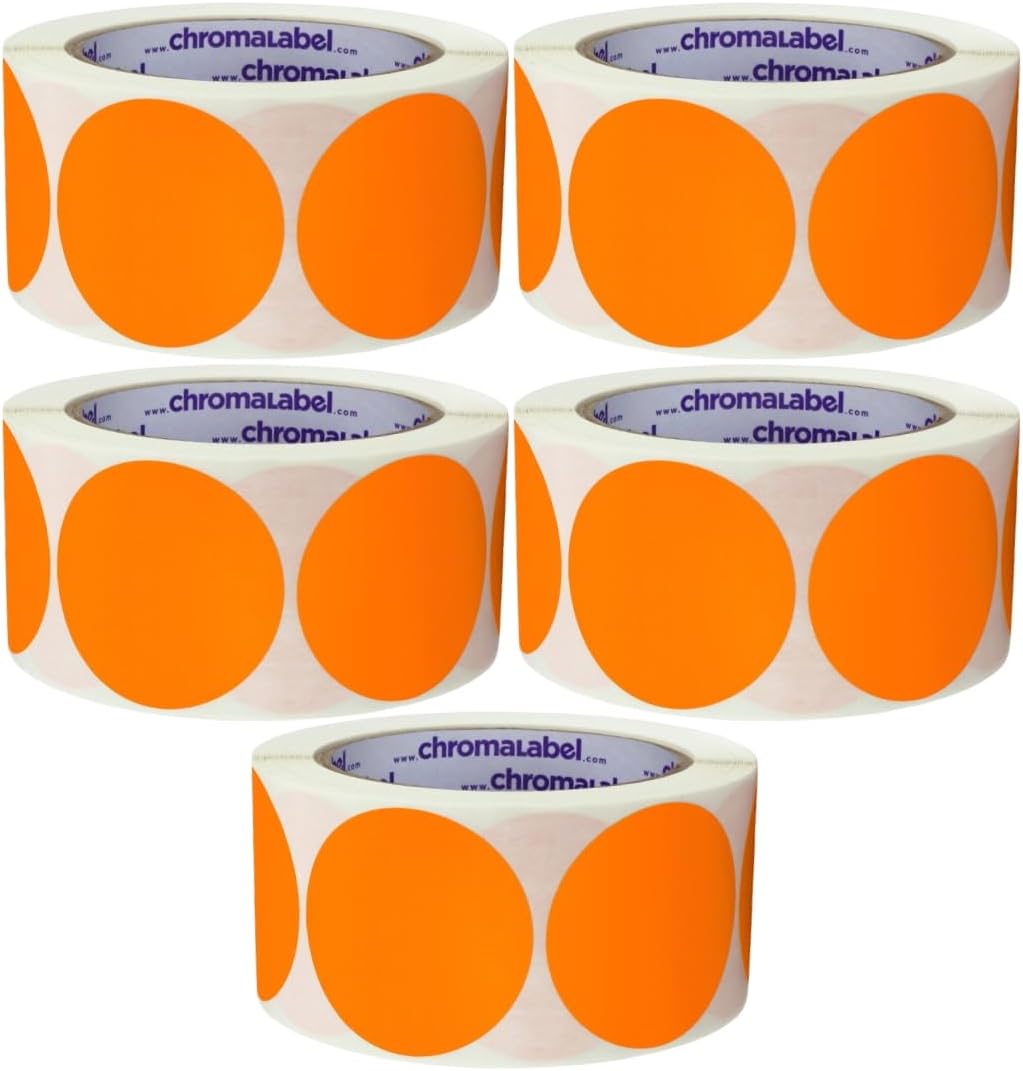 ChromaLabel 2 Inch Round Orange Stickers, Permanent Adhesive Color Coding Circle Labels for Arts and Crafts, 500 Orange Sticker Dots per Roll - Case of 5