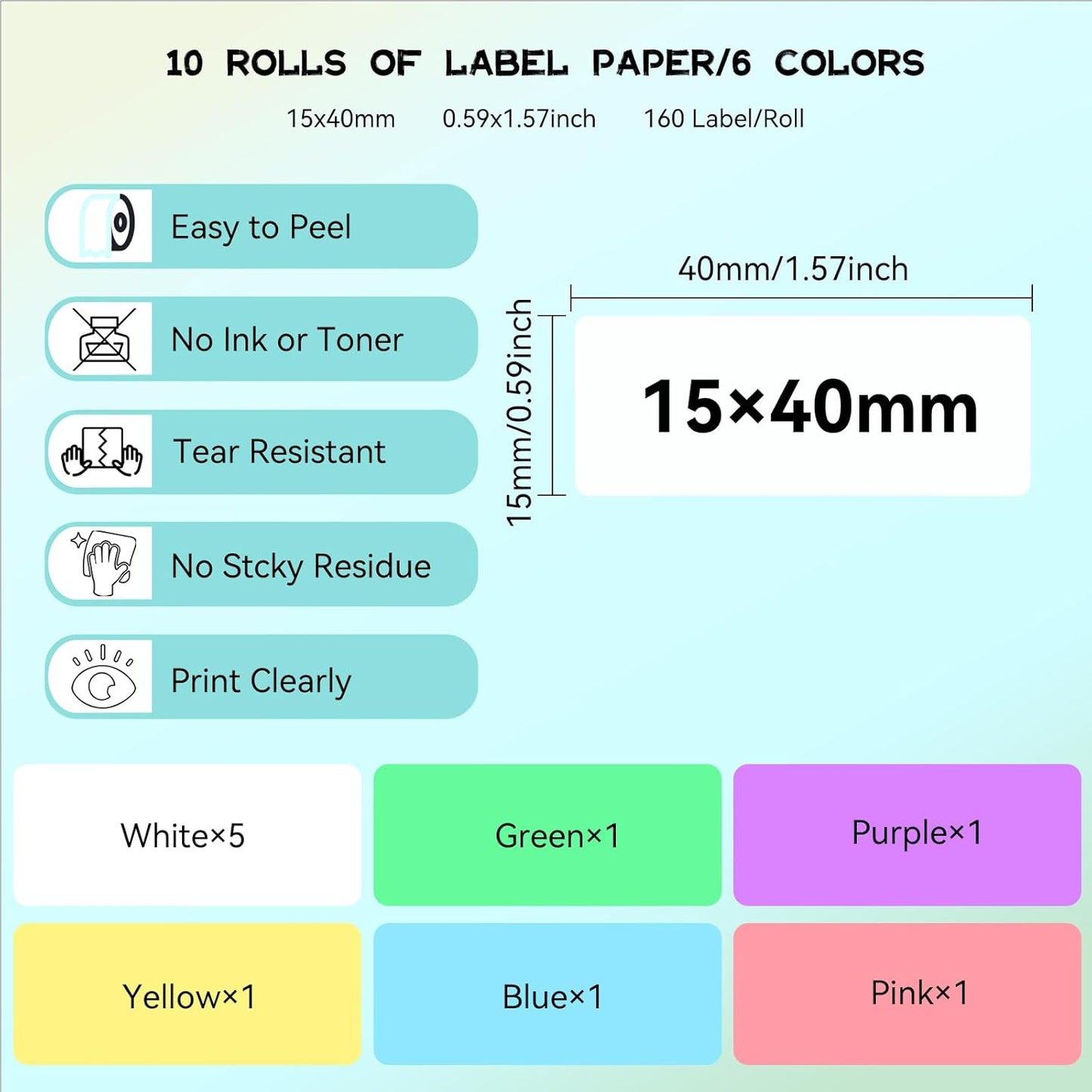 Label Maker Tape Refill 15mm 0.47 Standard Laminated Thermal Label Tape Replacement 0.59"×1.57"(15×40mm), 1650 Labels/10Rolls/Pack, High Definition Labeling Tape for Home Office School Hotel