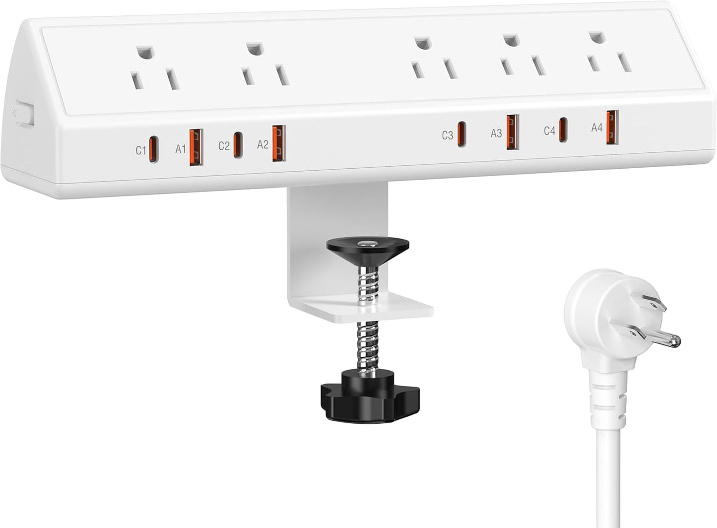 Desk Clamp Power Strip 65W Fast Charging Station,4 PD USB-C,5 Outlets,Nightstand Desk Edge Mount Tower Surge Protector,15 Amp Heavy Duty Power Strip,Fits 1.96" Tabletop Edge (White, 10 FT Cable)