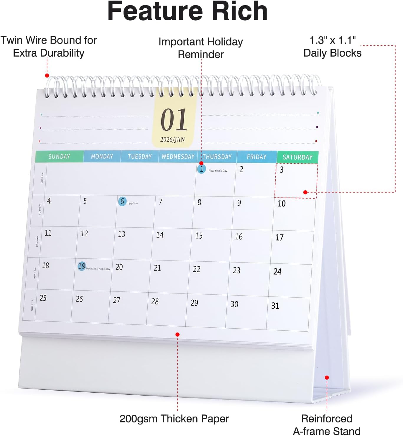 Desk Calendar 2026-2027, 2 Years Calendar Runs from Jan. 2026 until Dec 2027, Table Monthly Planner with Stickers for Home,Office,School Organization(L-Pink+White,9.8" x 9.6")
