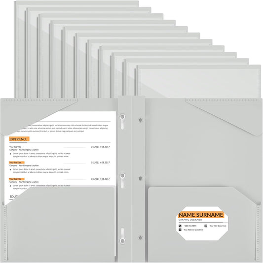 Henoyso 18 Pcs Plastic Folder with Clear Front Pocket and 3 Prong Plastic Folders with Card Slot Pocket Folders with Prongs for School Office (Gray White)