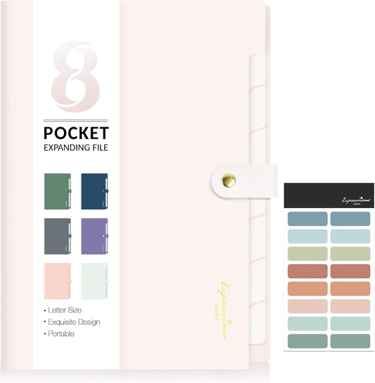 Sooez Elegant Accordion File Organizer with Labels, 8 Pocket Expanding File Folder, Portable Folders for Documents, Cute Paper Organizer for School Office Supplies, Letter Size, Off White