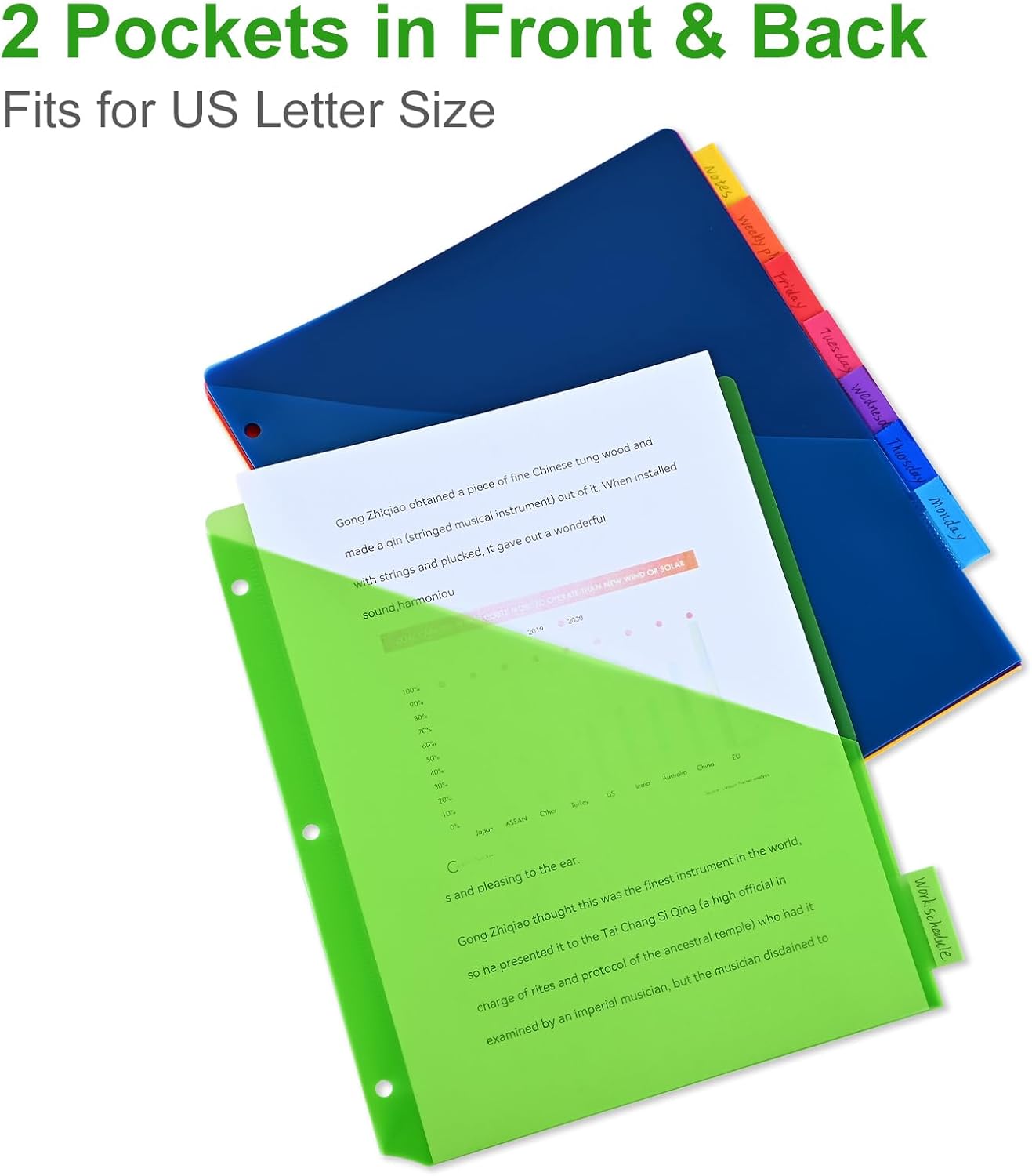 8-Tab Binder Dividers - Index Pockets Divider for 3 Ring Binders, 3-Hole Plastics Sheets Protectors for US Letter Size in 0.5'', 1'', 2'', 3 inch Binders, 8 Colors (XY004) (1 Pack)