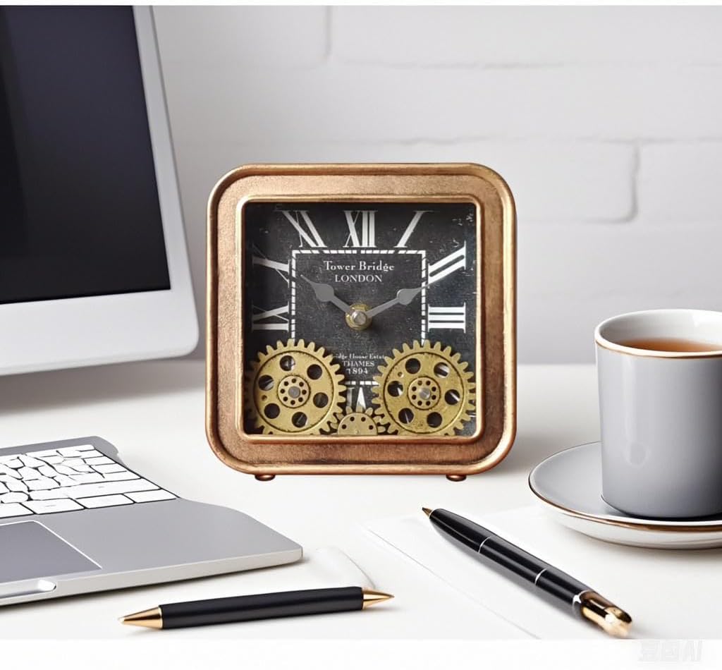 Desk Clock Vintage Metal Table Clocks with Moving Gears, Silent Retro Industrial Steampunk Quartz Small 6 inch End Table Clock for Home Office Living Room Decor Battery Operated (Gold)