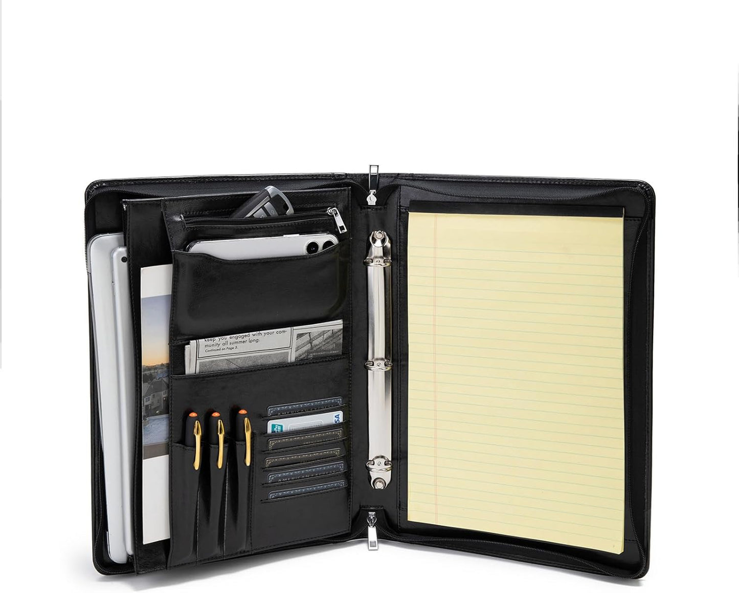 Vegan Leather 3 Ring Binder Portfolio, 8.5 x 14 Legal Size Pad Holder, Hidden Handle, Zippered Padfolio with 15” Laptop Organizer, Professional Business Folio for Men Women, Black