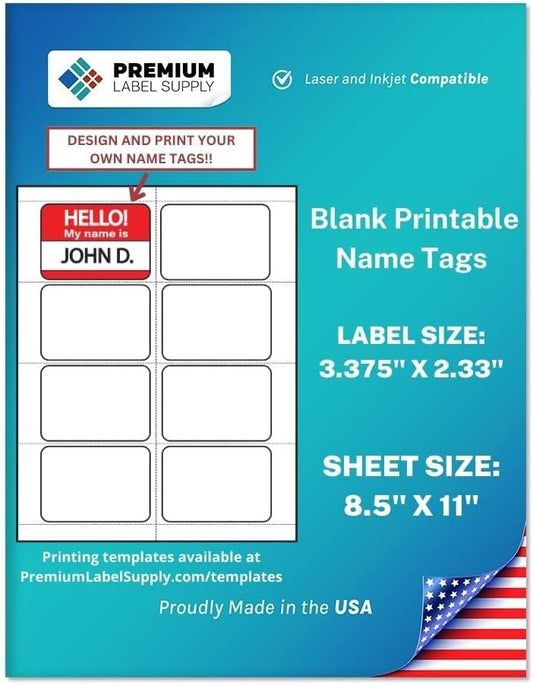 Premium Label Supply Blank Printable Name Tag Stickers - 2-1/3" x 3-3/8" - Laser/Inkjet Compatible – (8 per Sheet), 25 Sheets – 200 Total Adhesive Name Tags