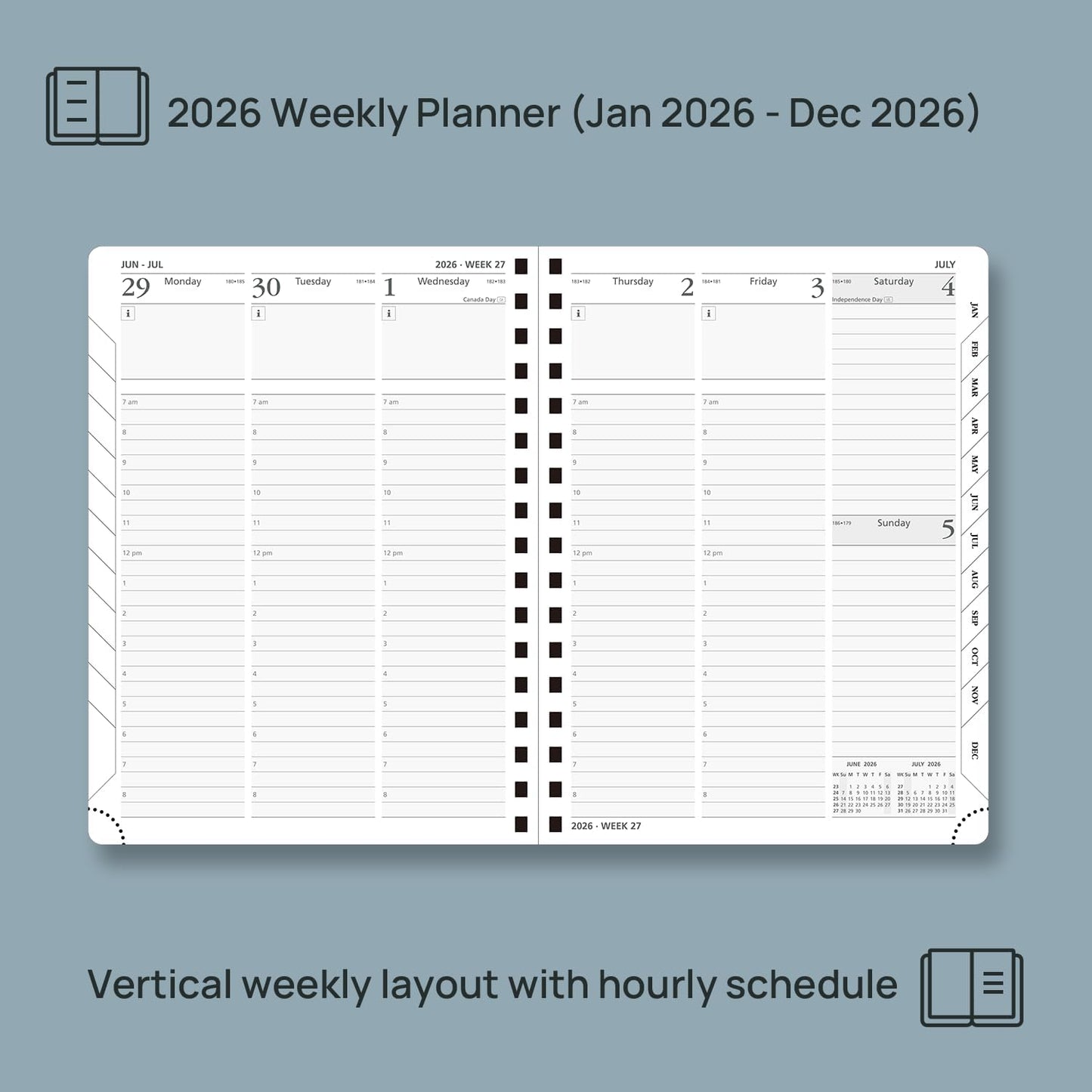 POPRUN 2026 Planner (Medium - 6.5'' x 8.5'') with Hourly Schedule, Vertical Layout - 2026 Weekly Calendar (Jan. 2026 - Dec.2026) for Time Management, Monthly Tabs, Spiral Bound, Soft Cover - Burgundy Red