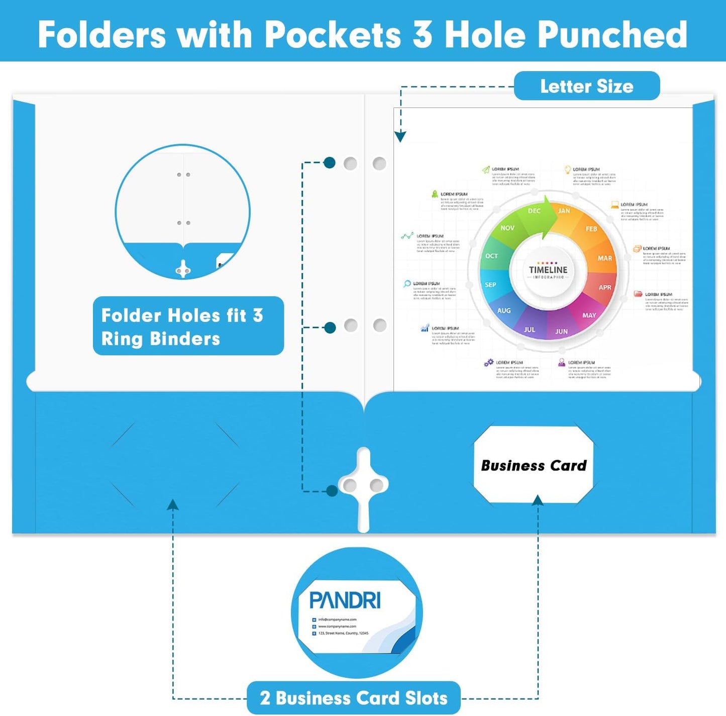 Two Pocket Portfolio Folders, PANDRI 60 Pack 3 Hole Punched 2 Pocket Folders for 3-Ring Binder, Letter Size Paper File Folder for School Office Home Business, Assorted 6 Colors