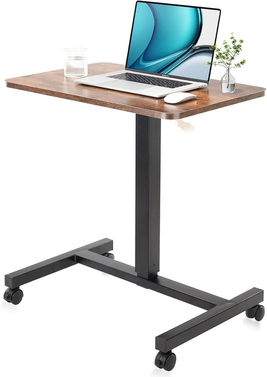 CLATINA Mobile Laptop Desk Pneumatic Sit to Stand Table Height Adjustable Rolling Cart with Lockable Wheels for Home Office Computer Workstation 28" x 19" Brown Round Edge Design Elegant