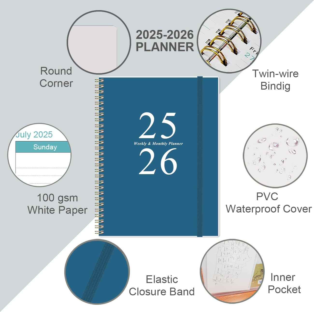 2025-2026 Planner - Academic Planner 2025-2026 from July 2025 to June 2026 with 12 Monthly Tabs, Flexible Cover, Inner Pocket, 8.5" x 11", Blue