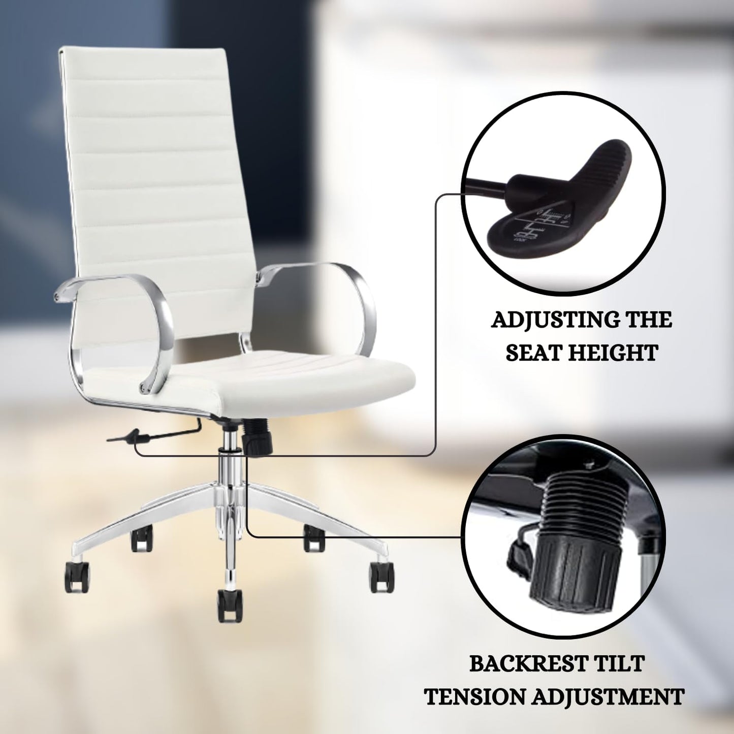 Ribbed High Back Conference Room Chairs - Lumbar Support, Modern Style Executive Home Office Chair - 360 Swivel Rolling Wheels - Aluminum Chrome Frame & Base- White Office Chair (Pack of 1)