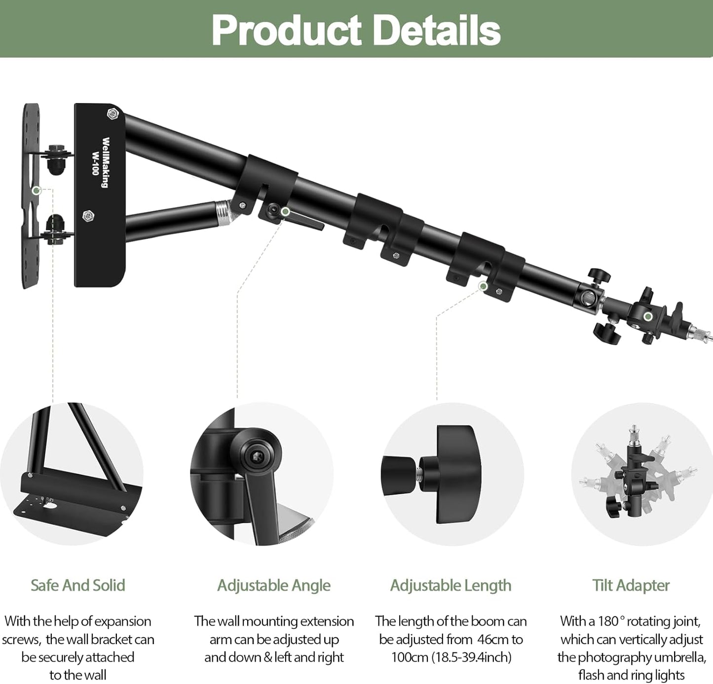 Wellmaking Wall Mount Triangle Boom Arm 39.37inch/100cm, Ring Light Mount Support 180°Flexible Rotation Comes with Tilt Swivel Mount for Studio Video Light, Monolight, Photography, Softbox, Reflector