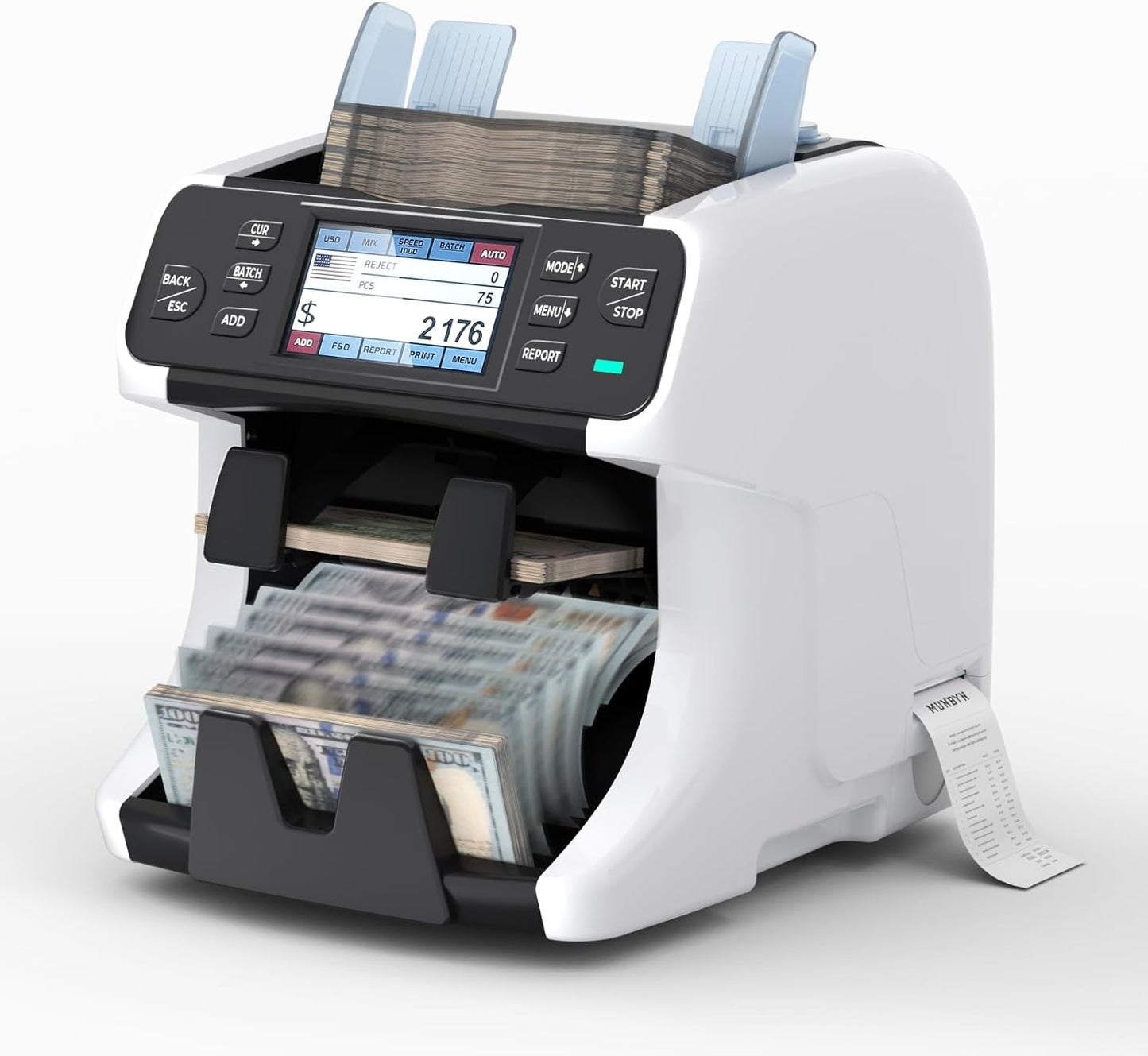 MUNBYN IMC40 2-Pocket Money Counter Machine Mixed Denomination and Sorter, Built-in Printer, Sort on DENOM/FACE/ORI, Value Counting, Counterfeit Detection 2 CIS/UV/MG/IR, Touch Screen, 2Y Protection