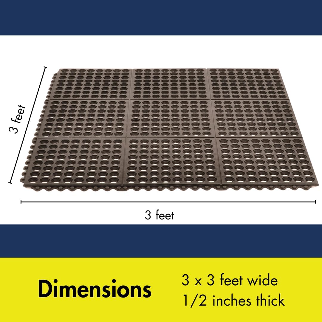 NoTrax 3' x 3' Light-Duty Rubber Drainage Mat, Customizable Modular Interlocking Design with Ergonomic Support, Lightweight, Anti-Fatigue, Non-Slip Surface, Black, 501S0033BL