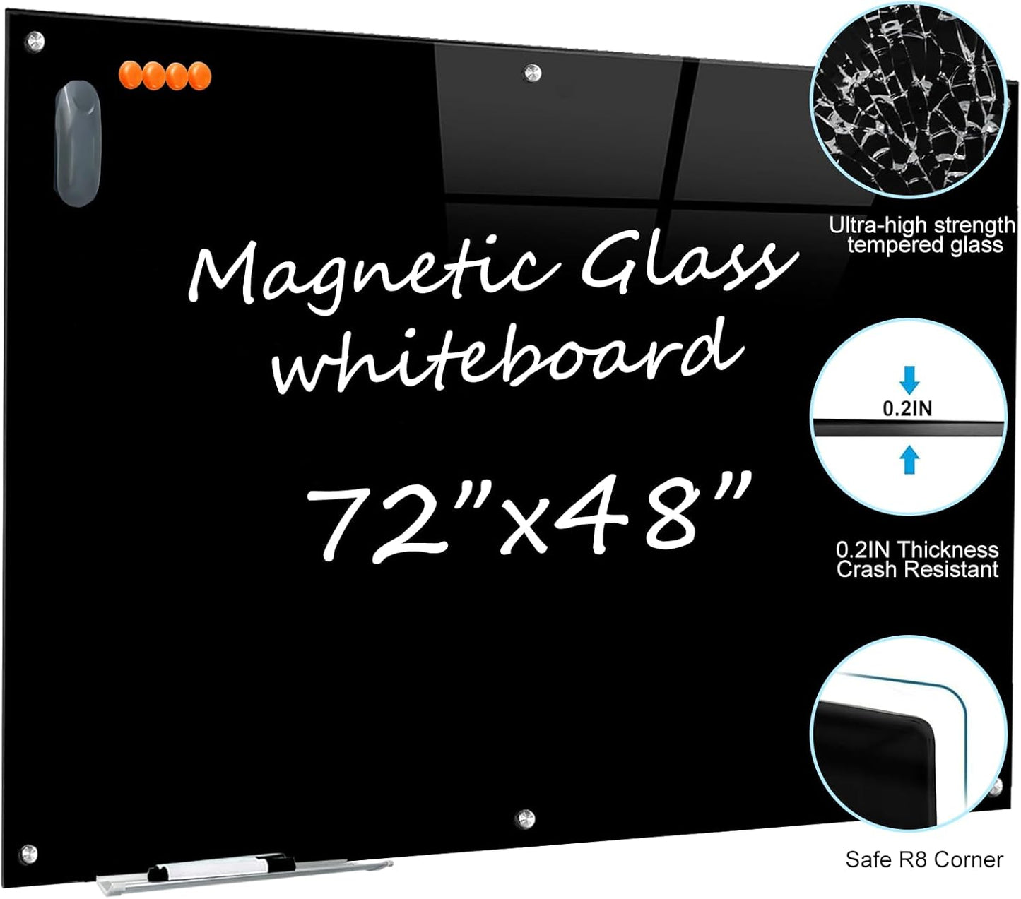 Black Glass Dry Erase Board - 72"X48" Magnetic Blackboard Large Frameless Whiteboard Clear Glass Wlack Boards with Super Strong Magnets, Wall Mounted for Office, School and Home