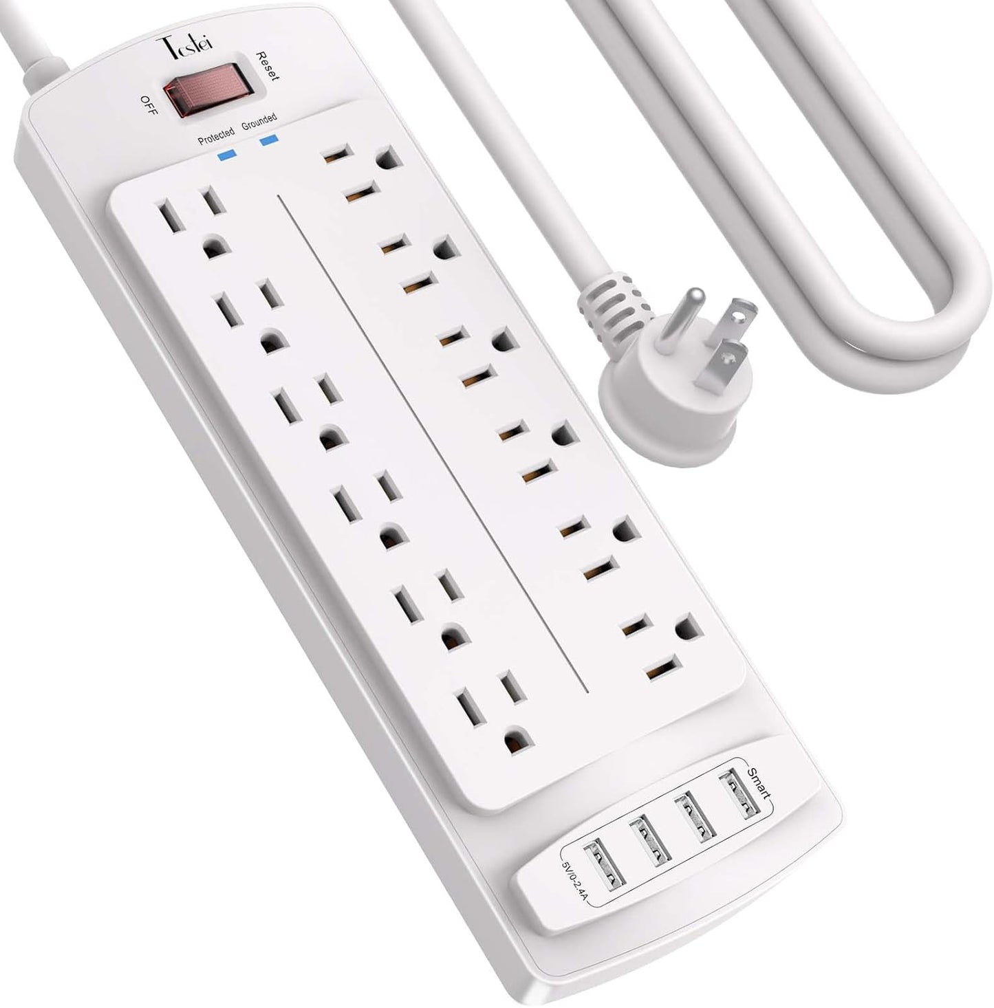 Power Strip, Tcstei Surge Protector with 12 Outlets and 4 USB Ports, 10 Feet Extension Cord (1875W/15A) for Home, Office, Dorm Essentials, 2700 Joules, ETL Listed, White