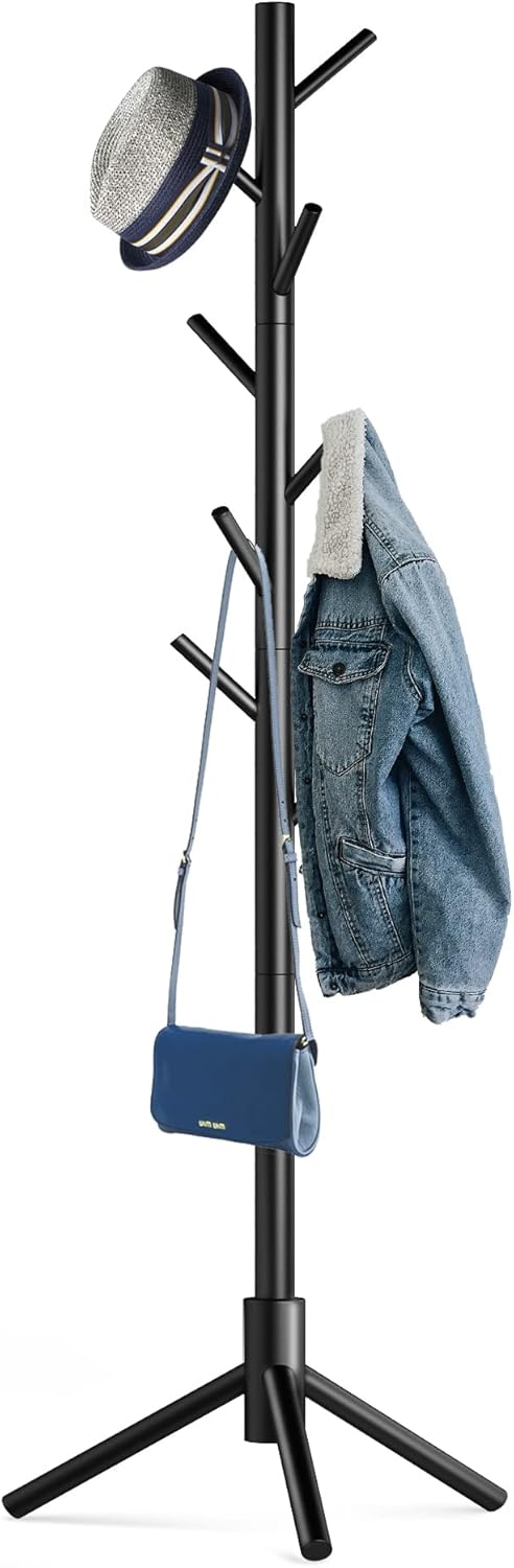 Wooden Tree Coat Rack Stand,Sturdy Freestanding Coat Rack with 8 Hooks,3 Adjustable Height for Child Adult,Wood Coat Stand Tree Fits Entryway Bedroom Office for Bags,Hats