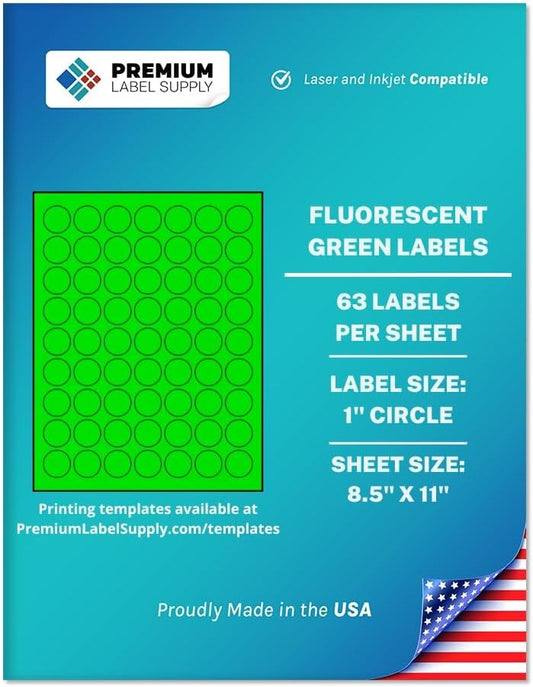 Premium Label Supply Bright Neon Color Fluorescent Sticker Labels - 1" Round Labels - (Fluorescent Green, 31,500 Labels)