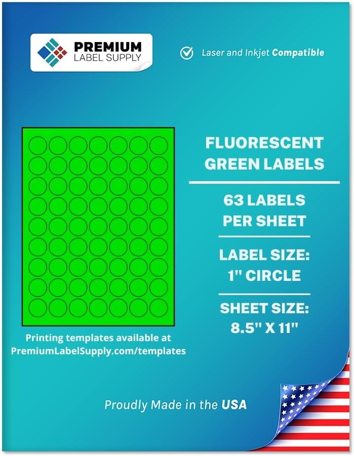 Premium Label Supply Bright Neon Color Fluorescent Sticker Labels - 1" Round Labels - (Fluorescent Green, 63,000 Labels)