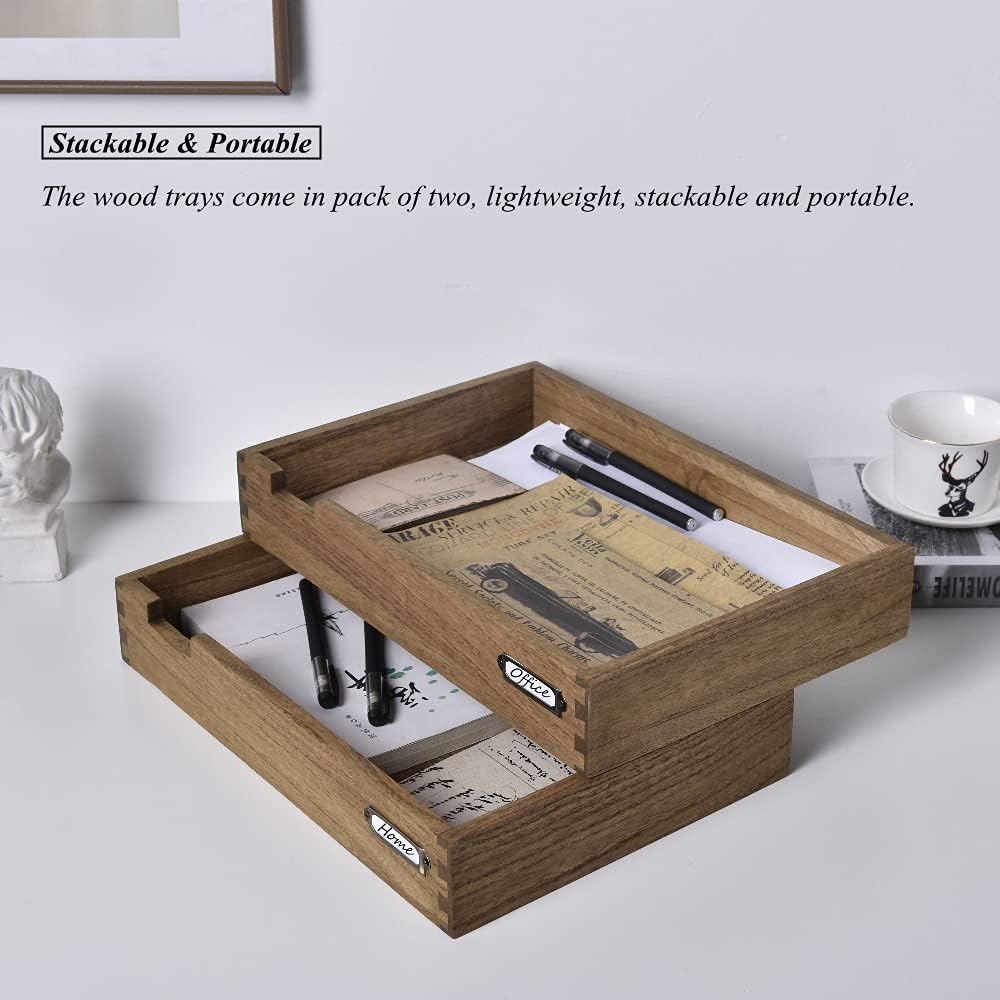 KIRIGEN Wooden Stackable Office Letter Organizer Desk Tray Pack of 2 - Wood Two Tier Tray for Desktop Organizeration with Metal Label Card Holder - Inbox Tray for Desk,Dark Brown 2TTP-DBR