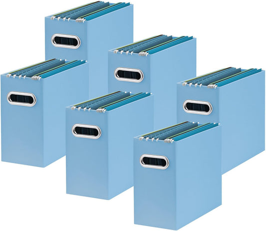 Oterri File Organizer, 6 Packs Small Storage Box, Cardboard File Folder Organizer, Collapsible File Box for Hanging File Folders Letter Size, Portable Filing Organizer with Handle (Blue)