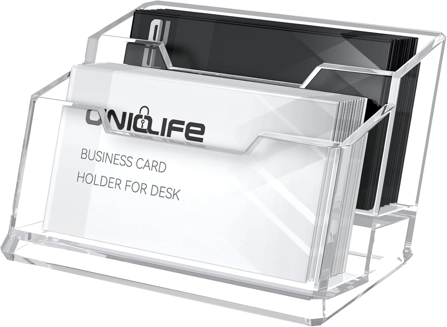 Uniclife Acrylic Business Card Holder for Desk 2 Slots Clear Business Card Display Stand for Men & Women Desktop Business Card Organizer Card Stand for Office Home Exhibition, 120 Card Capacity