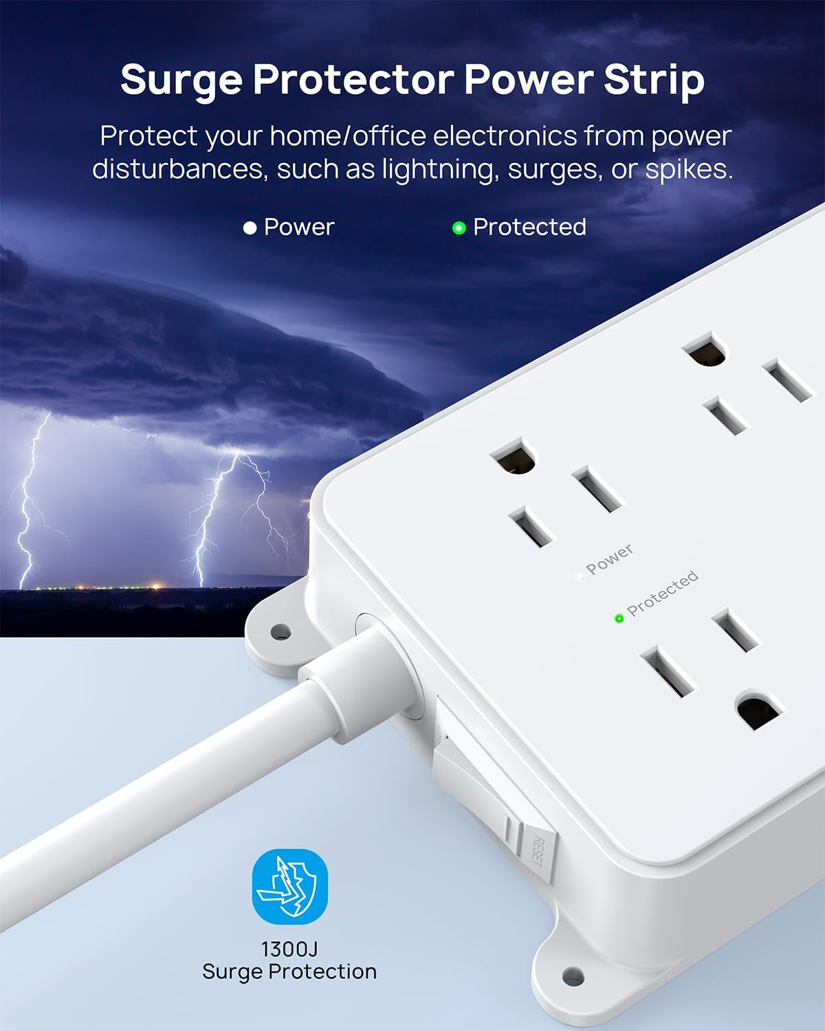 TROND Power Strip with USB, Surge Protector Flat Plug with 5 Widely-Spaced Outlets and 3 USB Ports, ETL Listed, 1300J, Wall Mountable, 5ft Extension Cord, for Office Kitchen, White