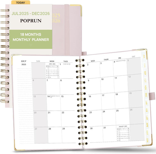 POPRUN Monthly Planner 2025-2026 Spiral Hardcover (6.25'' x 8.5''), 18 Months Calendar (Jul.2025 - Dec.2026)- 2 Pages per Month with Dotted Note Pages, Sunday Start, Laminated Tab - Light Pink