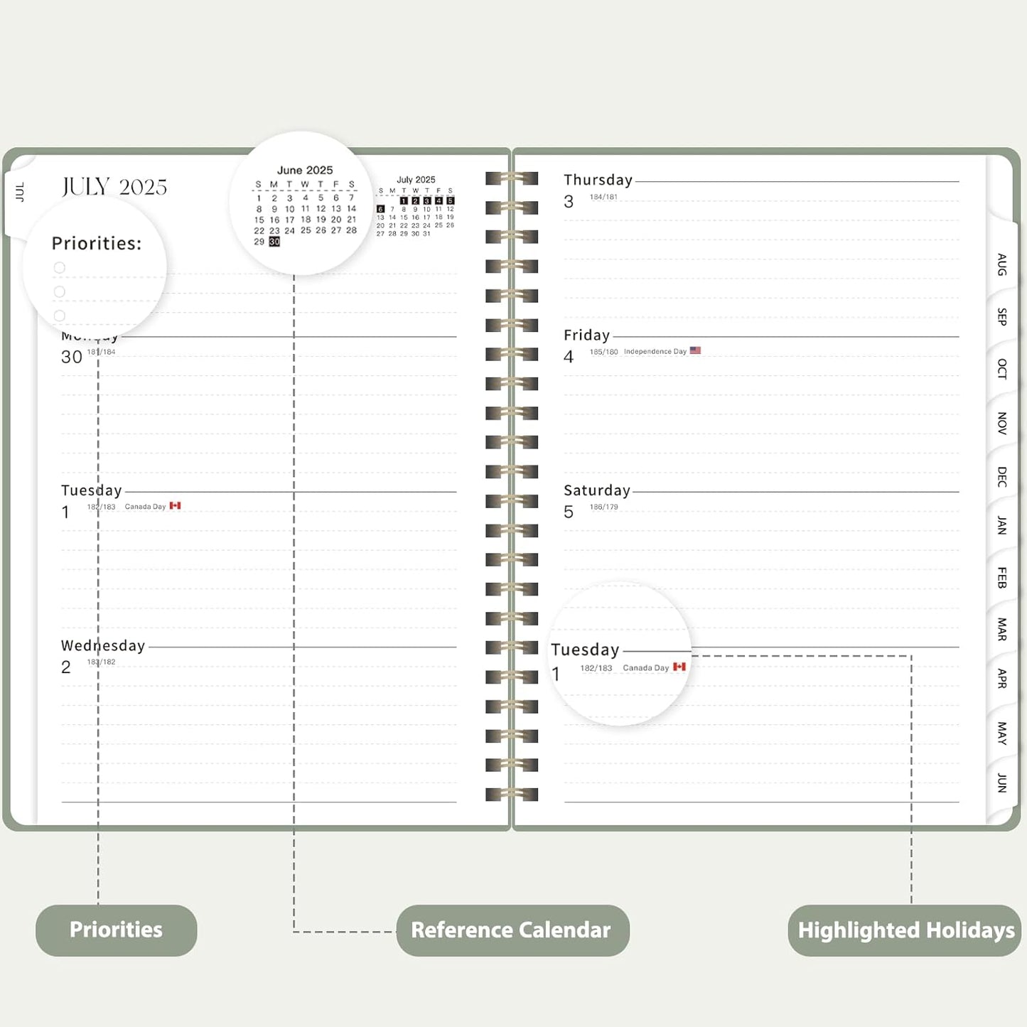 Planner 2025-2026 for Women & Men, Weekly and Monthly Calendar Notebook (July 2025 - June 2026), Hardcover Spiral Bound School Teacher Student Planner with Tabs, Inner Pocket, A5 (6.3" x 8.5")
