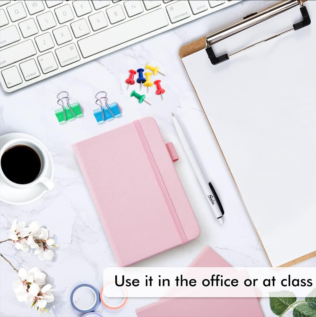 feela 15 Pack Pocket Small Notebooks Bulk, Mini Cute Memo Notepads Hardcover College Ruled Lined Journals with Pen Holder for Women Girls Office School, with 15 Black Pens, 3.5”x 5.5”, A6, Rose Pink