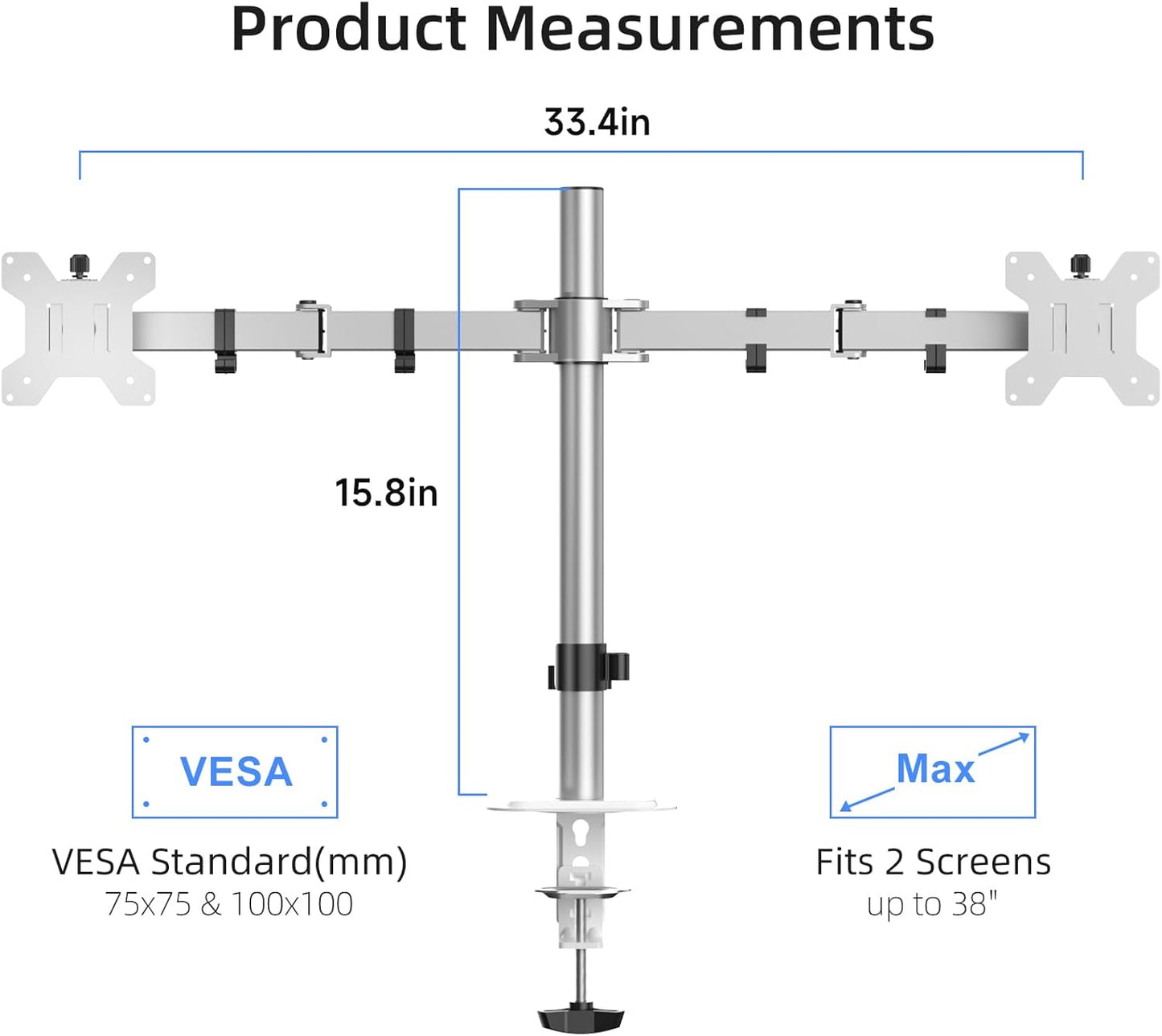 Suptek Dual Monitor Desk Mount, Adjustable Dual Monitor Arm for 2 Monitor Screens up to 38 inch, Extra Tall 15.75" Pole Monitor Stand for Desk, Holds up to 22 lbs,Silver(MD9442MS)