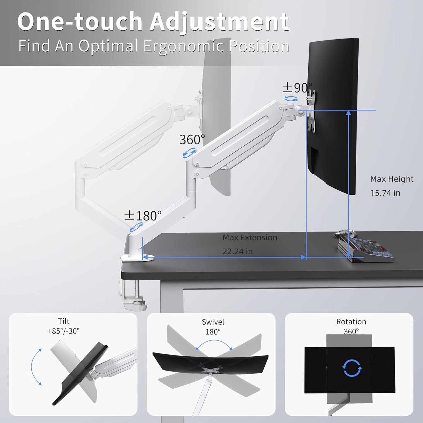 Suptek Single Monitor Mount Adjustable Gas Spring Monitor Arm Desk Mount Stand Fits 17 20 22 23 24 26 27 32 33 inch Monitors,Holds up to 22 lbs,White(MD18W)