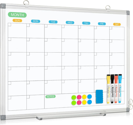 WALGLASS Dry Erase Calendar Whiteboard for Wall, 24" x 18" Double-Sided Monthly Calendar White Board with Silver Aluminum Frame, Hanging or Wall Mount Whiteboard for Home, Office, School