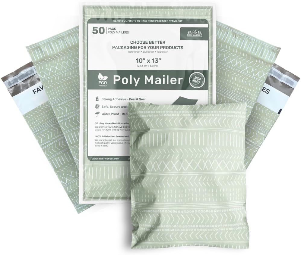 Poly Mailers 10x13 Inch 50 Pack Medium Shipping Bags Strong Thick Mailing Envelopes | Self Sealing Adhesive | Waterproof & Tear Resistant | Small Business Packaging for Clothing - Boho Sage Green