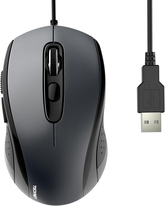 TECKNET USB Wired Computer Mouse, 4-Level Adjustable 3600DPI, Ergonomic with 6 Buttons, 18 Months Battery Life, Portable for Small Medium Hand