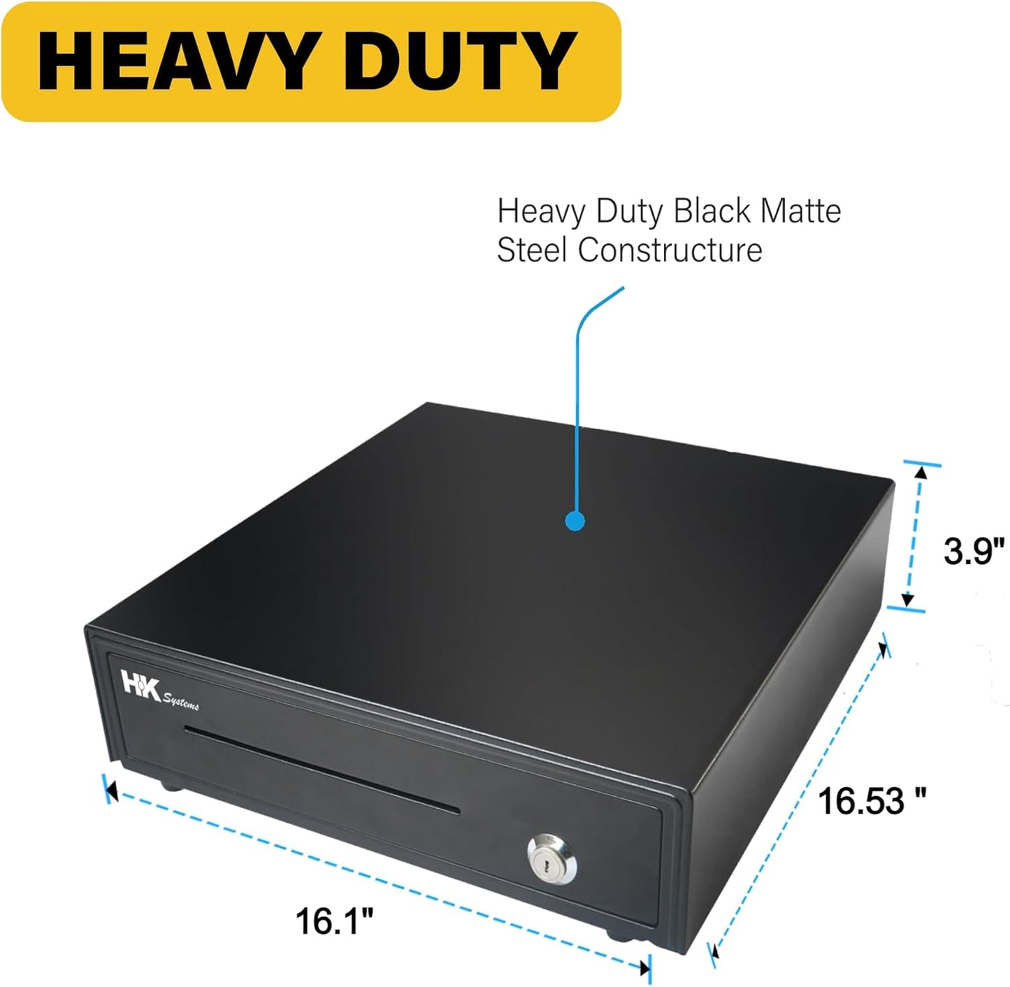 HK SYSTEMS 16inch Heavy Duty POS Cash Drawer with 5Bill/5Coin, Removable Coin Compartment, 24V, RJ11, Single Large Media Slot, Black