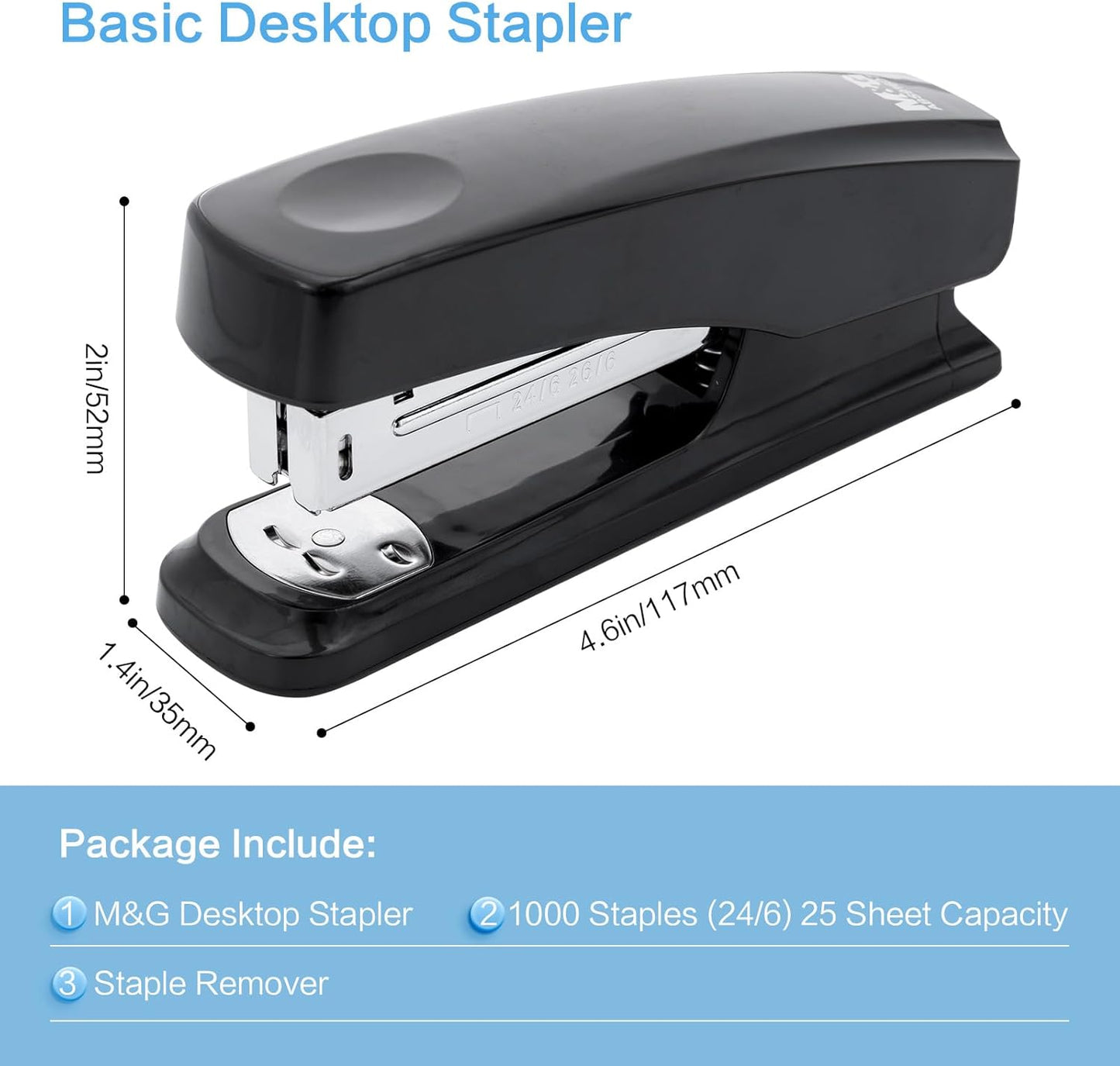 M&G Desktop Stapler with 25 Sheet Capacity, Two Binding Modes, Basic Stapler Set with 1000 Staples and Remover, Durable Staplers for Office School Home (Black)