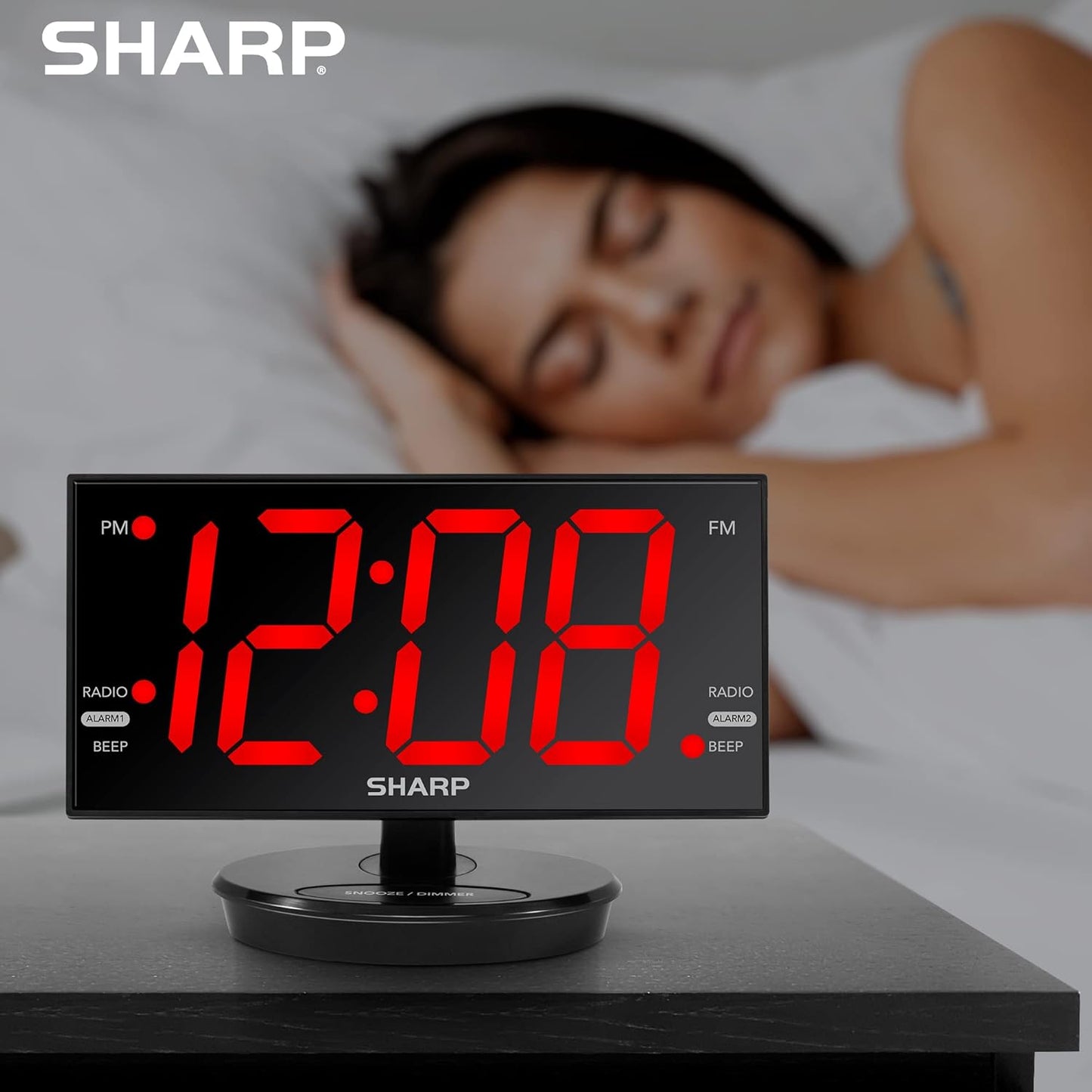 Sharp Digital Alarm Clock, 8.9" Extra Large LED Clock with Tilt and Swivel Display, AccuSet Automatically Sets The Time, Dual USB Charger Ports, FM Radio, 3 Level Adjustable Dimmer Brightness